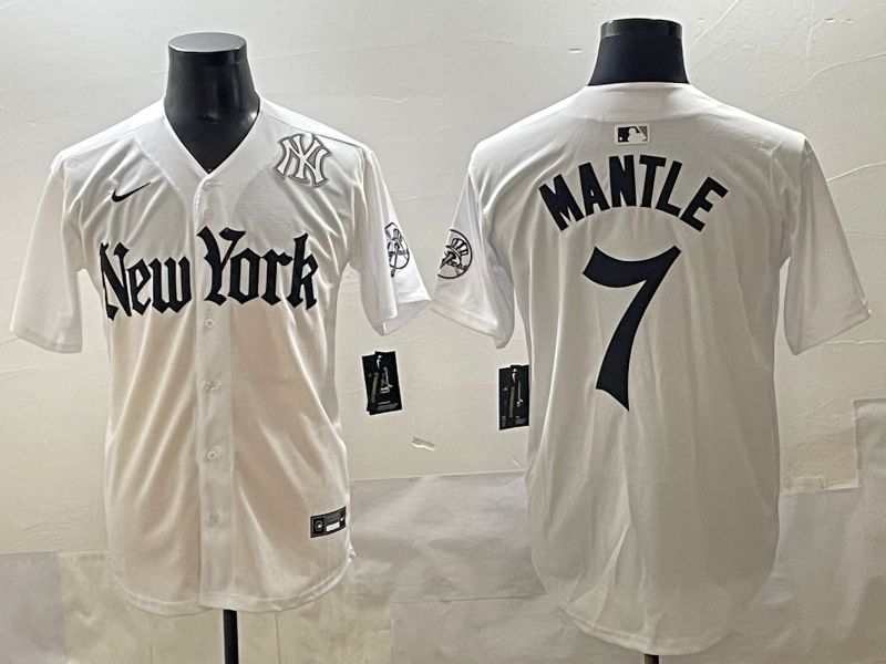 Men 2025 New York Yankees #7 Mantle White Five generations Joint Name Nike MLB Jersey style 8